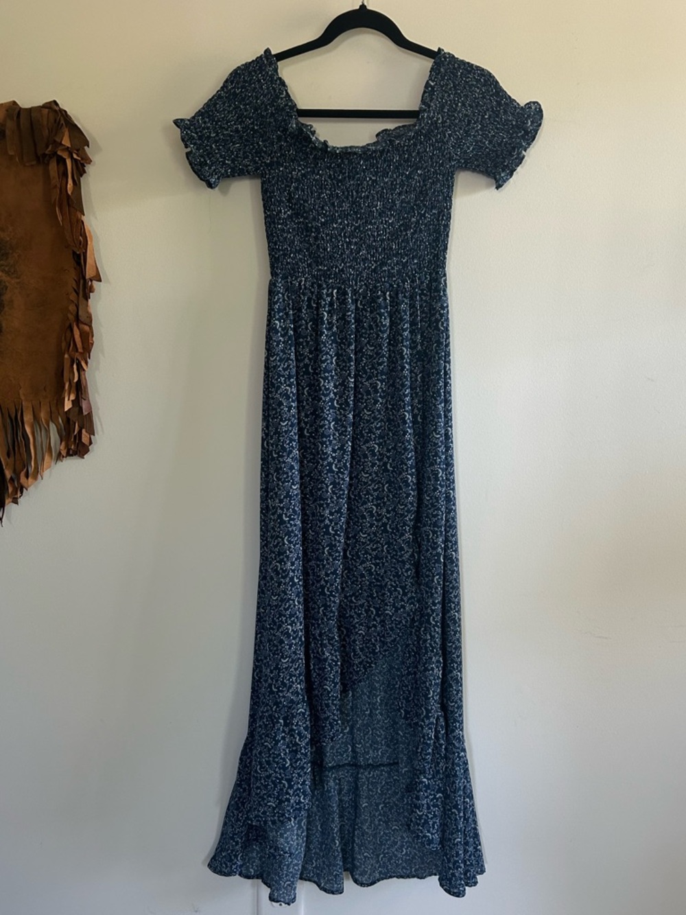 Francesca's Collections Navy Floral Smocked Maxi with Ruffle Sleeves